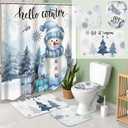4 Pcs Christmas Shower Curtains Set with Non Slip Rug Winter Christmas Bathroom Decor Toilet Lid Cover and Bath Mat Snowman Shower Curtain with 12 Hooks for Xmas Bathroom Decor(White,Fresh)
