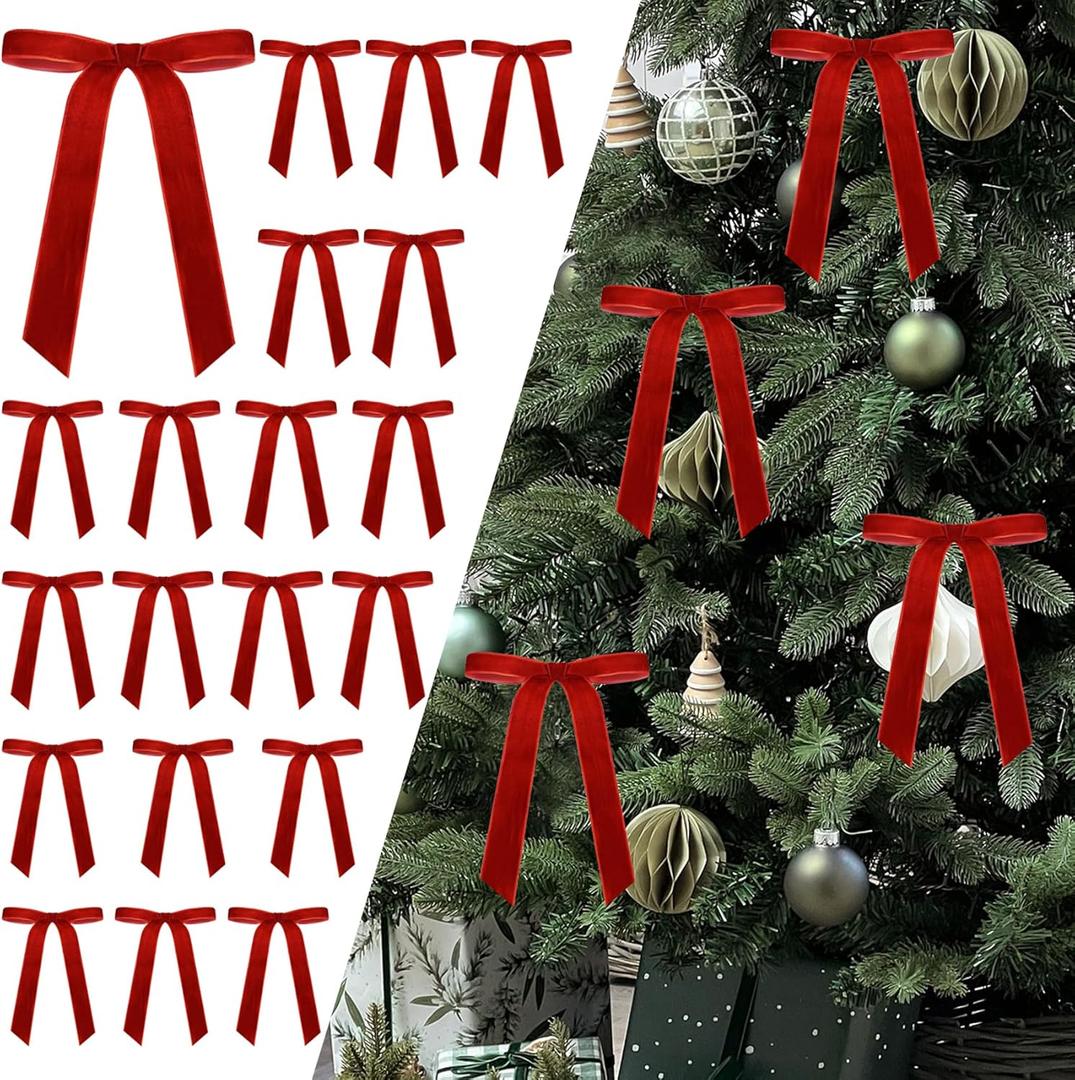 Senjie 24Pcs Christmas Velvet Bows for Tree, Vintage Ribbon Bows Ornaments for Garland Wreath Gift Wrapping Treat Bag Bakery Candy Bags DIY Crafts Holiday Decor (Red, 5" x 7", Width of 1")
