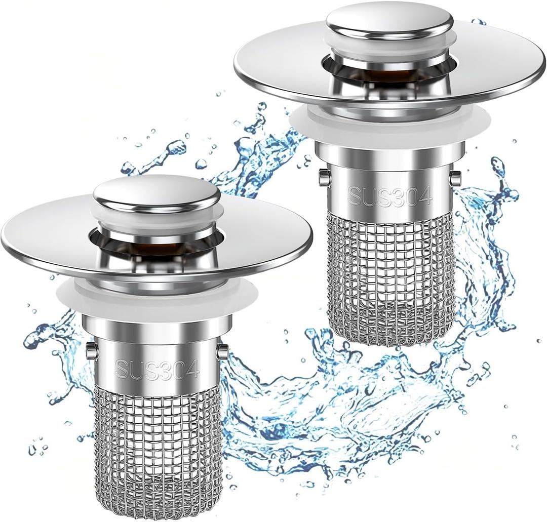Sink Stopper Hair Catcher,(2PCS) Pop-up Sink Drain Strainer with Removable Stainless Steel Strainer Basket Hair Catcher, Bathroom Sink Strainer for Bathroom Sink Stopper Replacement