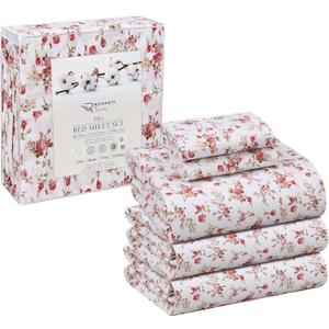 RUVANTI 100% Cotton Sheets  Split King Size Percale Bedding, Cooling & Breathable Floral Design, Durable with a Crisp, Soft & Comfortable Feel, 16" Deep Pocket, 5-Piece Set, Bouquet