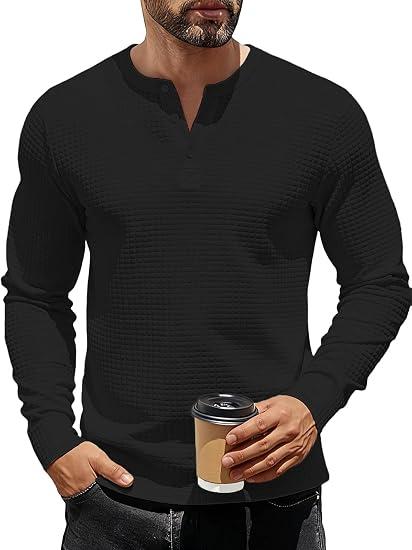 TAFLE Men's Henley Shirts Long Sleeve Casual Waffle T-Shirts Button Pullover Sweaters Tee Shirt Black, XXL