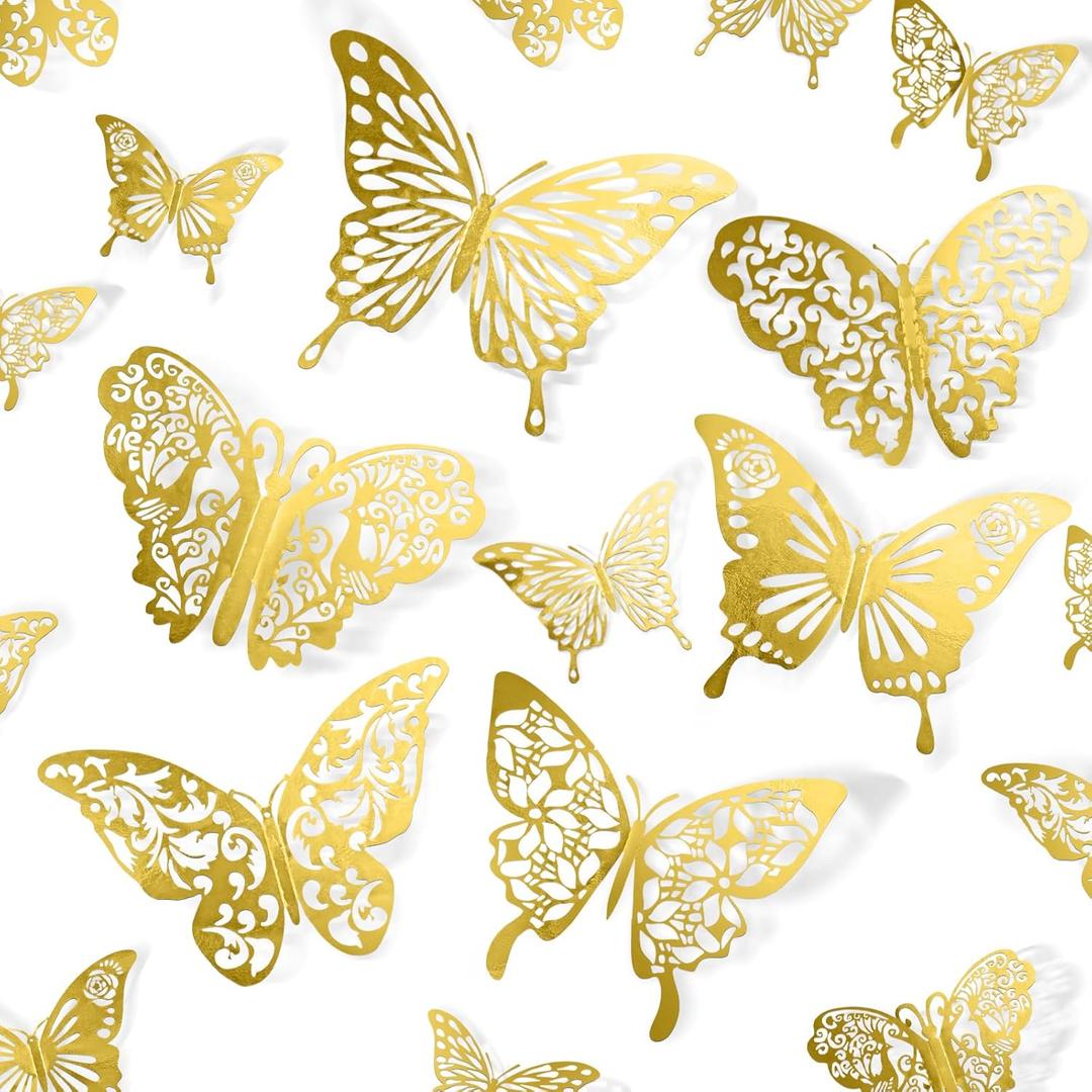 3 x Butterfly Decorations, 72 Pcs 6 Styles 3 Sizes Butterfly Wall Decor, Butterfly Party Decorations, Butterfly Wall Stickers 3D Wall Art for Room Decor Birthday Baby Shower (Gold)