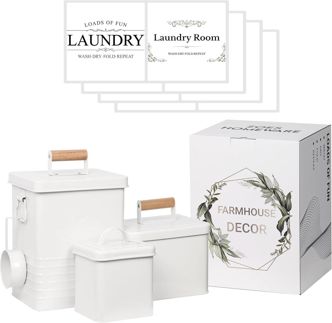 3-Set Laundry Room Organization and Storage | Modern Farmhouse Laundry Room Decor | Laundry Container for Organizing Laundry Pods, Laundry Powder, Dryer Sheets, Dryer Balls, Cream White