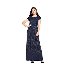 Adrianna Papell Women's Short Sleeve Blouson Beaded Gown, Navy, 18