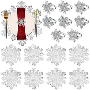 Set of 16 Christmas 8 Snowflake Placemats 8 Snowflake Metal Napkin Ring Vinyl Metallic PVC 15 Inch Silver Placemats Festival Holiday Party Wedding Table Decorations, Silver