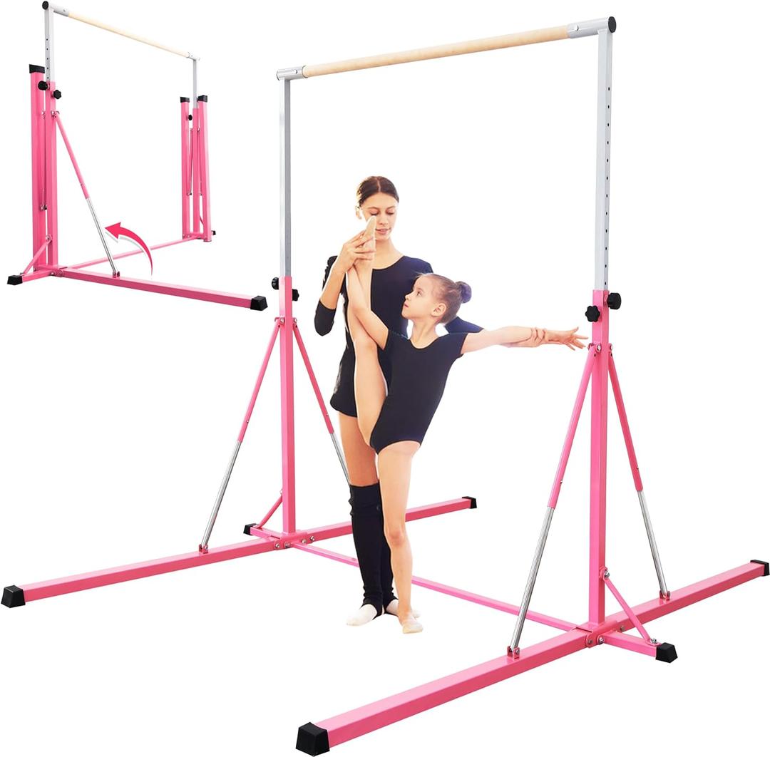 Gymnastics Bar, 5'10 Base length 45" to 71" Adjustable Horizontal Bar for Serious Training, 500 LBS Capacity, Professional Home Gym Equipment with Competition-Grade Beech-covered Fiberglass Bar