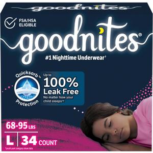 Goodnites Girls' Nighttime Bedwetting Underwear, Size Large (68-95 lbs), 34 Ct (2 Packs of 17), Packaging May Vary