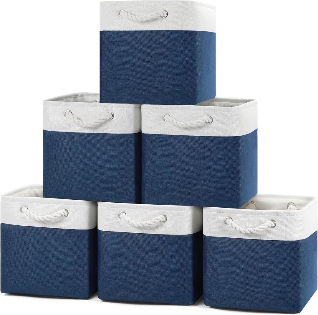 Storage Cubes, Collapsible Storage Bins Organizer for Closet, Fabric Storage Box with Cotton Rope Handles, Decorative Storage Baskets for Shelves, Nursery, Toy, set of 6 - White/Blue