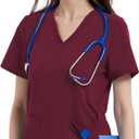 QBK Yoga Scrub Top for Women V Neck Shirt with 2 Pockets, Comfort Soft Stretch, Easy Care (Medium, Wine Red)
