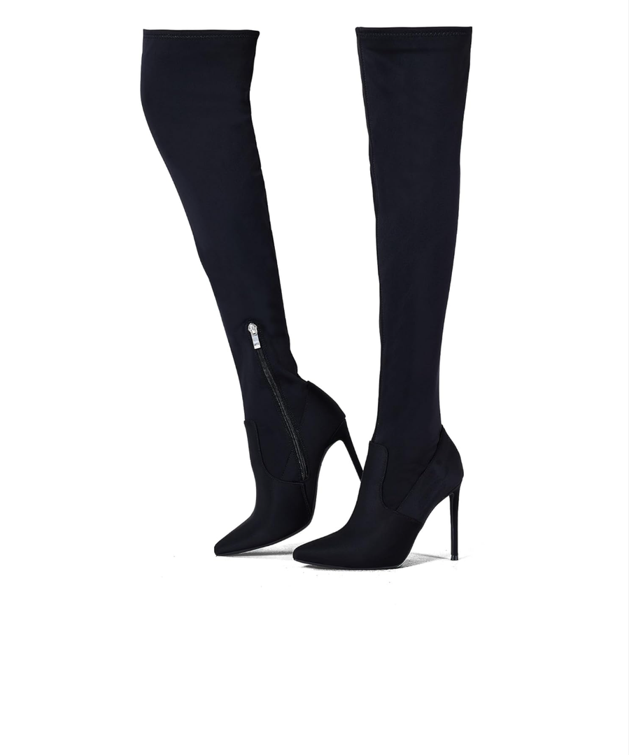 Elisabet Tang Thigh High Boots Over the Knee Boots for Women,Sexy 4.3 inch Stilettos High Heels Boots Stretch Suede Long Pointed Toe Shoes 8, Black