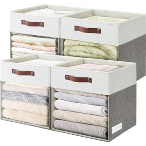 Storage Cubes, 4 Pack Linen Foldable Storage Bins (13 x 13 inch) with Clear Window and Handles, Fabric Organizer for Shelf Closet, Clothes, Books - (Gray and White)