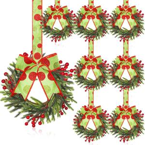 Dingion 8 Pcs 6 Inch Mini Cabinets Christmas Wreaths for Kitchen Mini Norfolk Wreath with Ribbon Bows and Berry Hanging Artificial Greenery for Farmhouse Door Wall Window Decor(Novel Style)