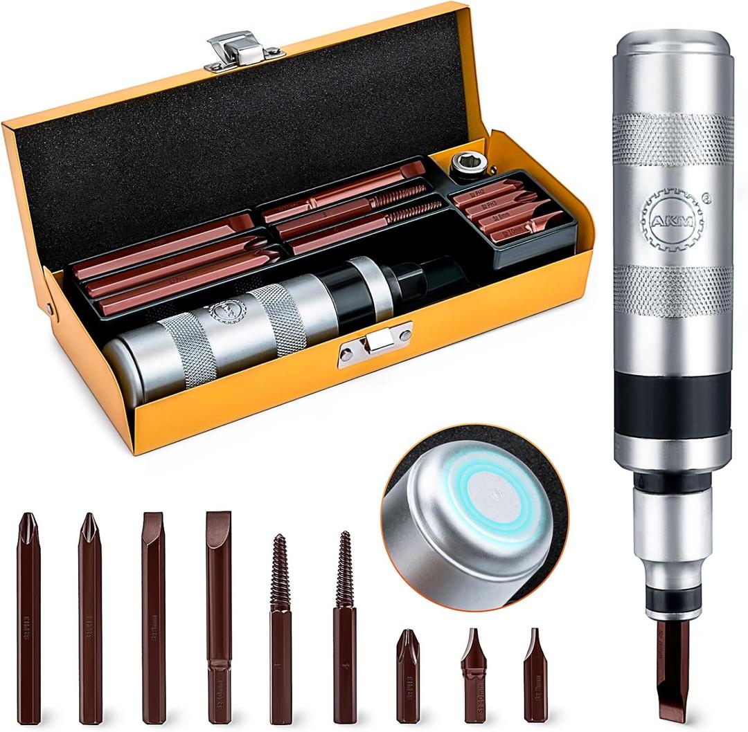 AKM 1/2" Hand Manual Reversible Impact Driver Set Extractor-12 PCS Impact Screwdriver S2 Steel Much More Durable Disengage Rusted Fasteners or Frozen Bolts