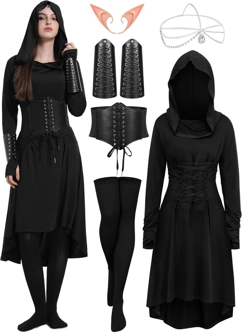 6 Pcs Renaissance Costume Women, Medieval Dress for Women Fairy Costumes Elf Viking Dress for Halloween Ren Faire (XX-Large, Black)