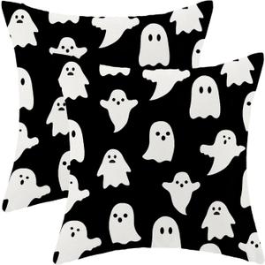 CXMEIFLY Halloween Decor Pillow Covers 18x18 Inch Set of 2 Black and White Ghost Boo Throw Pillows for Couch Happy Halloween Indoor Outdoor Farmhouse Decorative Cushion Case for Sofa Bed Decorations