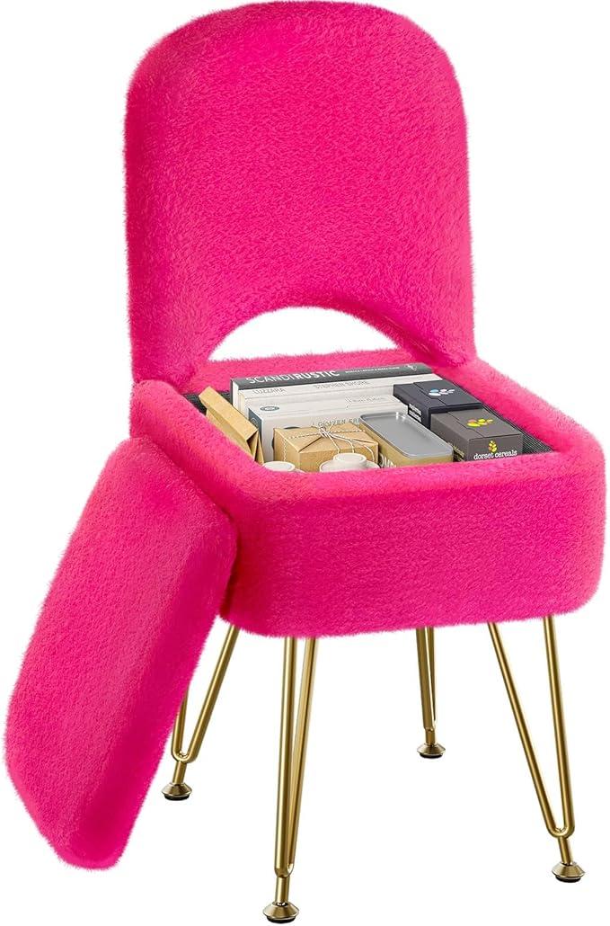 GREENSTELL Small Vanity Stool Chair with Storage and Folding Back, 13.4" x 15" x 30" Square Faux Fur Soft Ottoman, 4 Metal Legs with AntiSlip Feet, Furry Padded Seat for Makeup, Bedroom, Rose