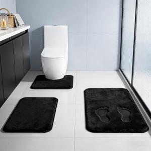 Black Bathroom Rug Set Memory Foam Bath Mats 3 Piece with Toilet Mats, Soft & Supportive, Shock Absorbing, Water Absorbent, Non-Slip Bath Rugs, Machine Washable, Area Rug, Home Decor Accessories