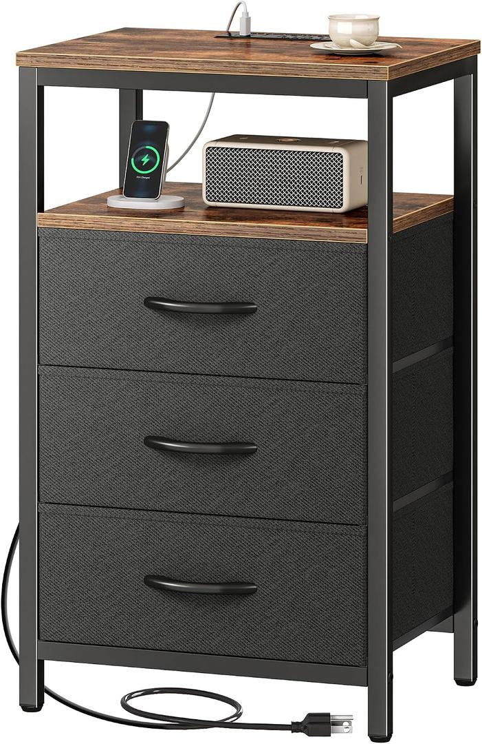 Huuger Nightstand with Charging Station, 27.6 Inch End Table Bedside Table with USB Ports and Outlets, Fabric Drawers, Night Stand for Bedroom, Rustic Brown and Black, 11.8"D x 15.7"W x 27.6"H