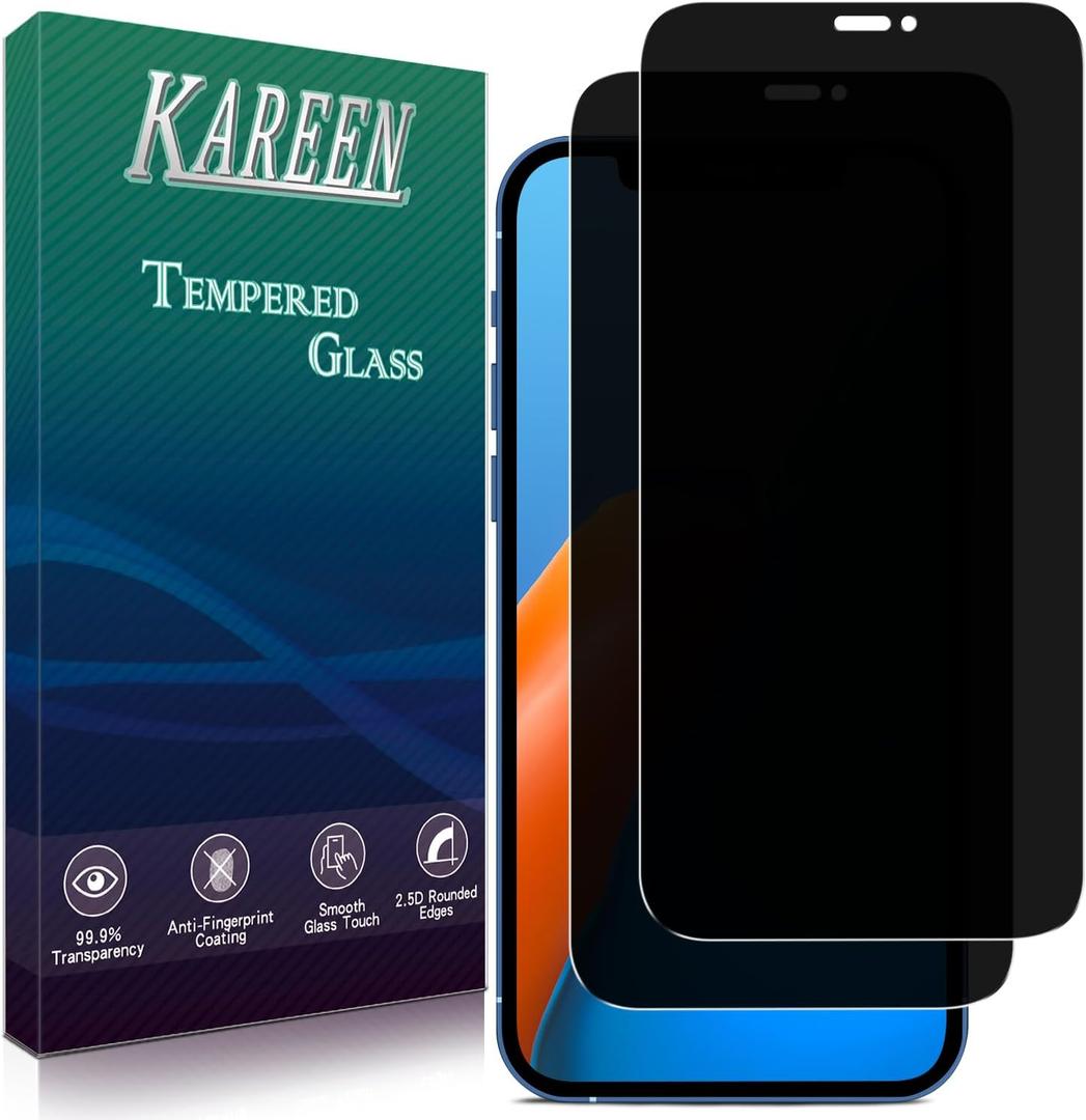 KAREEN 2 Pack Privacy Screen Protector For iPhone 12, 12 Pro 6.1 Inch Anti Spy Tempered Glass, 9H Hardness, Easy to Install, Bubble Free (Black)