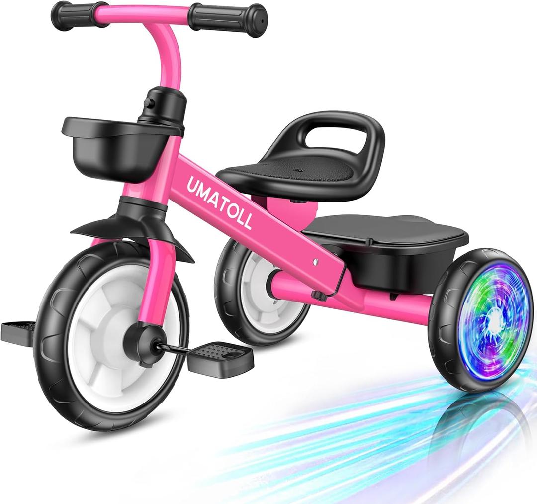 Umatoll Tricycle for Toddlers 2-5 Year Old, Ajustable Toddler Bike Outdoor Toys, Birthday Gift for Girl Boy Age 2-4, Trike with Light up Wheels (Rose)