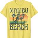 Malibu California Beach Summer Vacation Vintage T-Shirt, Yellow Ladies, S