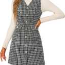Allegra K Women's Pinafore Dress V Neck Button Down Pockets Vintage Sleeveless Plaid Tweed Dress (Black)