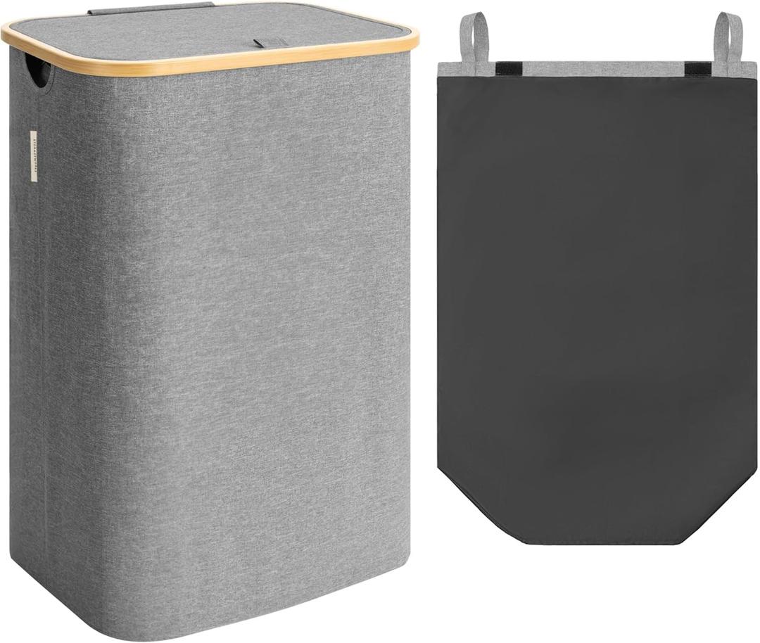 StorageWorks Large Laundry Hamper with Lid, 100L Tall Laundry Basket with Bamboo Handles and Removable Inner Bag, Collapsible Laundry Hamper for Clothing, Towels, Dark Grey, 1-Pack (17 "L x 13"W x 29 "H)
