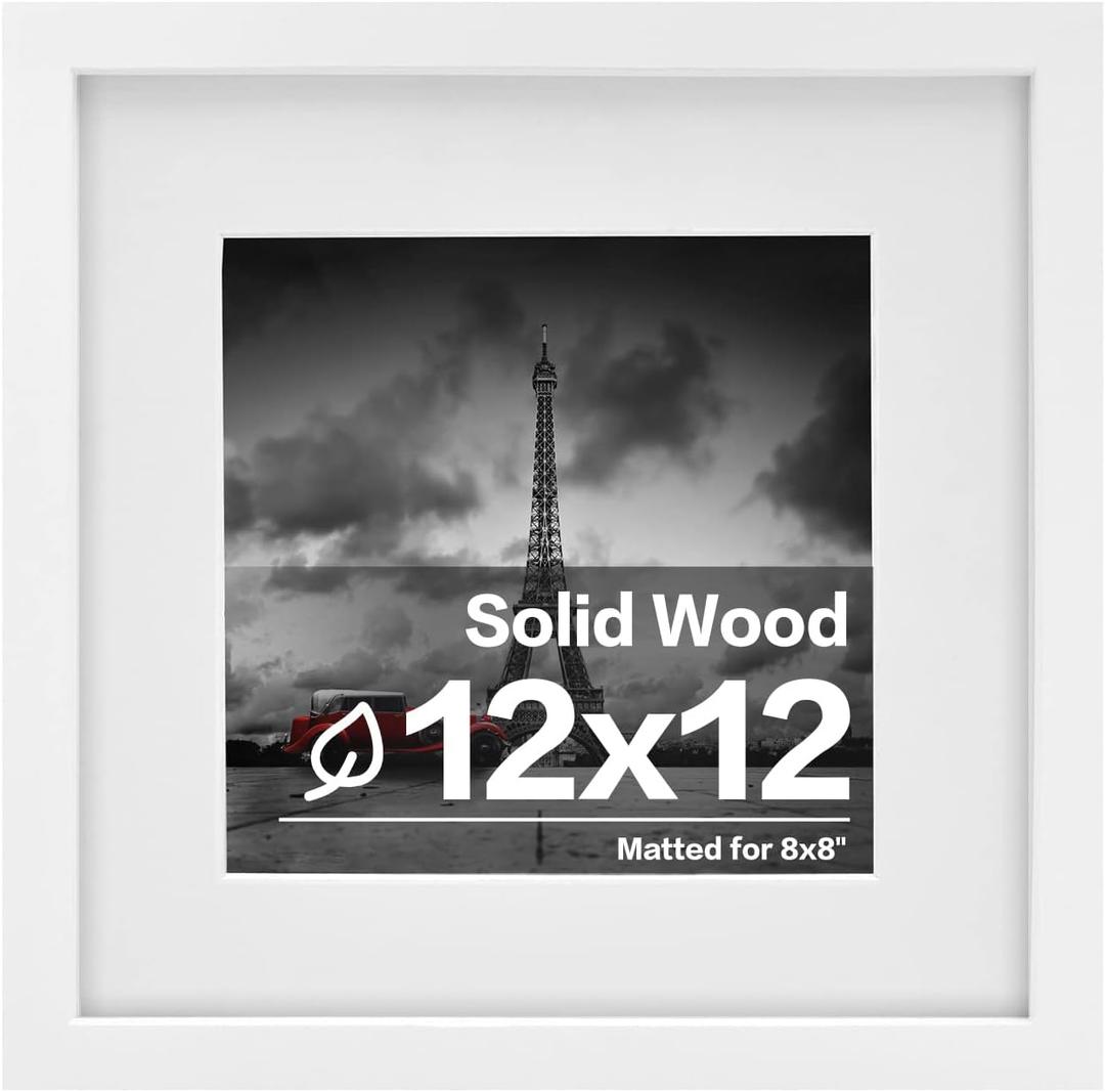 Egofine 12x12 Picture Frame White, Made of Solid Wood with HD Plexiglass for Pictures 8x8 with Mat or 12x12 without Mat, Wall Mounting Display
