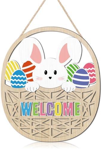 HOURIA 3D Bunny Welcome Door Decor,10.2”*11.8"Inch Happy Easter Sign for Wreath,Colorful Easter Eggs Rabbit Decorations for Home Indoor Outdoor Porch Yard