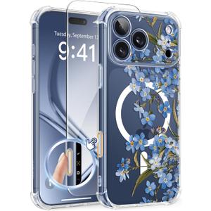 GVIEWIN for iPhone 17 Pro Max Case Compatible with MagSafe, with Screen Protector Upgraded [Full Camera Protection] [Non Yellowing] Floral Slim Shockproof Clear Women Phone Cover (Aconite/Blue)