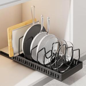 Pots and Pans Organizer for Under Cabinet, Pull Out Pot Lid Organizer for Kitchen, Pan Holder Inside Cabinet and Storage with 8 Adjustable Dividers