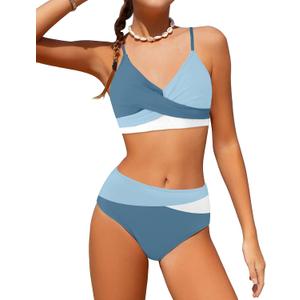 WIQI Girls Swimsuit Bikini Set 2 Piece Bathing Suits Color Block Criss Cross Swimwear  (11-12 Years, Blue White)