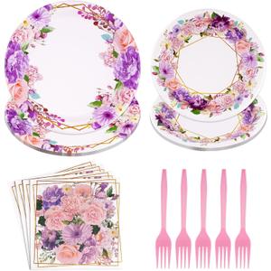 Grencian 96Pcs Spring Floral Party Supplies Pink Purple Flowers Paper Plates and Napkins Disposable Spring Floral Tableware Set for Tea Party Wedding Bridal Shower Baby Shower, Serves 24