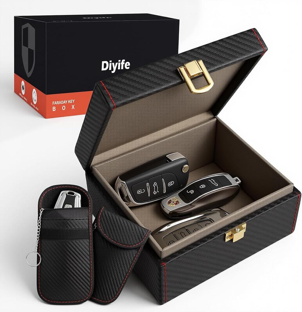 Diyife Car Key Signal Blocker Box, [5-7 Keys Capacity] 12.5 x 10.2 x 5.5cm Faraday Box for Car Keys with 2 Pack Faraday Pouch, Anti-Theft Key Fob Protector RFID Signal Blocking Cage