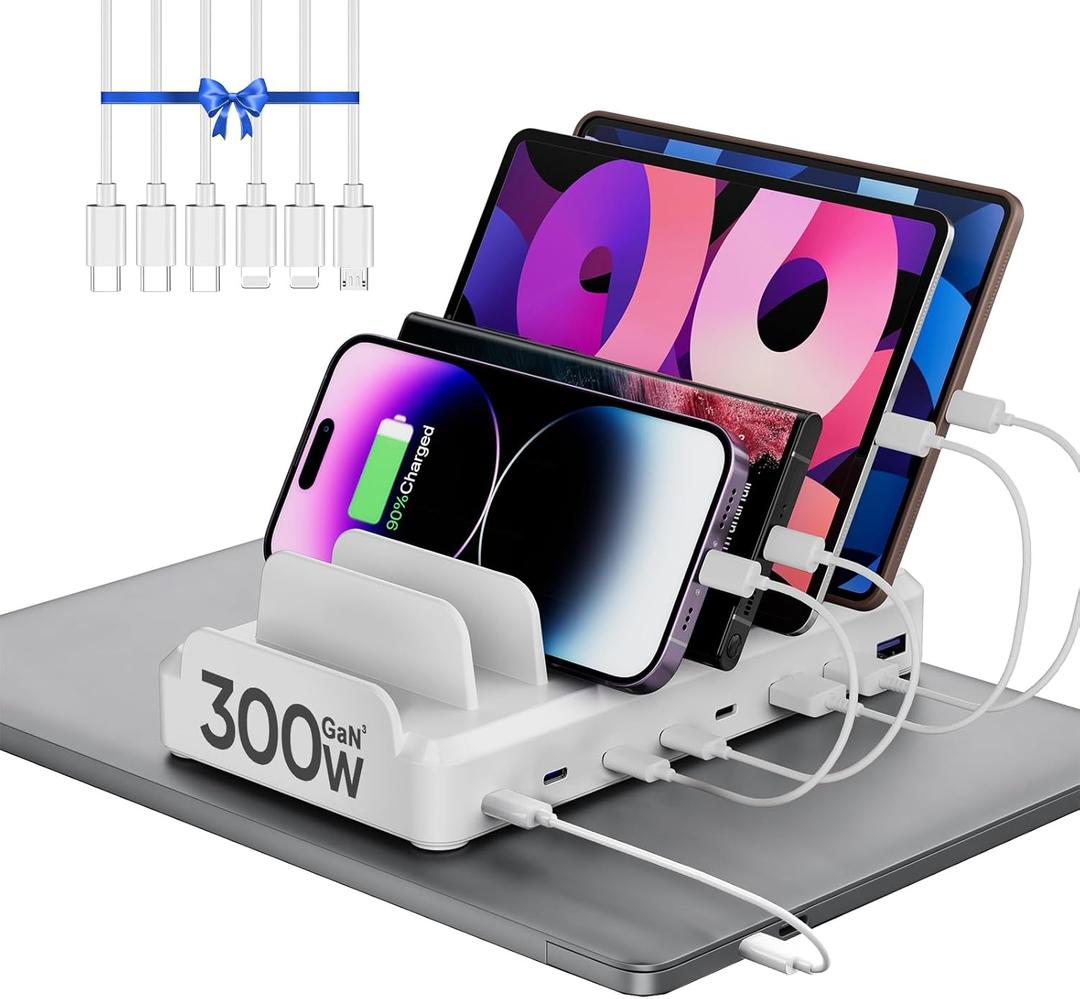 300W Charging Station for Multiple Devices, 8 Port Multi USB C Fast Charger Station Dock for MacBook iPhone 16/15/14/13/12 Samsung Pixel Series iPad, White (6 Mixed Short Cables Included)