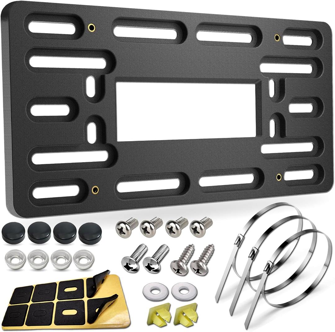 BGGTMO License Plate Bracket Holder- Front License Plate Mounting Kit, Universal Bumper Car Tag Frame Mount Adapter with Stainless Steel Screw Cap, Cable Ties (Black - 4 Holes)