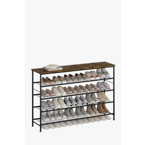 SUOERNUO Shoe Rack 5 Tier Shoe Storage Organizer Metal Mesh Shelves with MDF Top Board for Entryway, Hallway, Closet,Bedroom，Living Room (Black+Rustic Brown, Large 5 Tier)