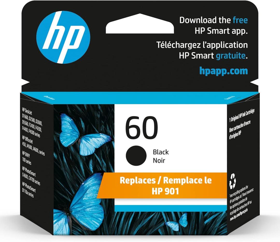 HP 60 Black Ink Cartridge | Works with Series: DeskJet D1660, D2500, D2600, D5560, F2400, F4200, F4400, F4580; ENVY 100; OfficeJet J4500, J4680, 4500; PhotoSmart C4600, C4700, D110a | CC640WN
