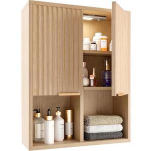 HAIOOU Fluted Bathroom Wall Cabinet with Motion Sensor Light, Curved Profile Wooden Medicine Cabinet Wall Mounted Cupboard, Wave Like Over Toilet Storage Cabinet with Buffering Hinges - Natural, 23.62 x 8.27 x 29.13 inches