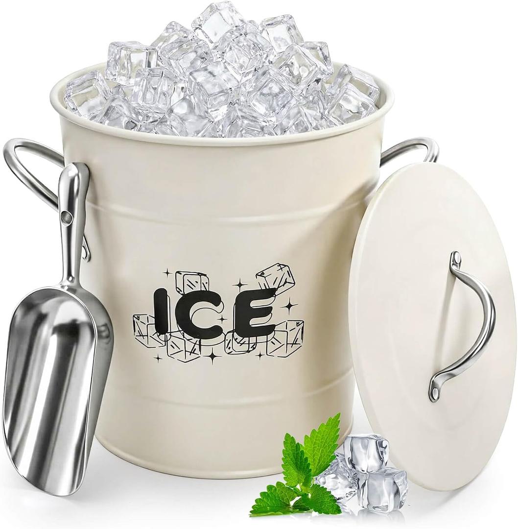 YOUEON 4L Ice Bucket with Scoop and Lid, White Galvanized Steel Beverage Tub with Handles, Double Wall Insulated Wine Champagne Beer Chiller for Party, BBQ, Camping, Indoor Outdoor Use