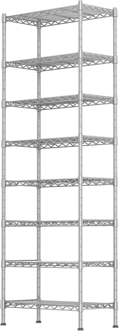 GIOTORENT 8-Wire Garage Shelving Storage Shelves, Kitchen Storage Adjustable Shelf, Metal Shelves 1600Lbs Capacity 24" W x 14" D x 72.2" H for Laundry Bathroom Pantry Closet, Silver, 14.0D x 24.0W x 72.2H