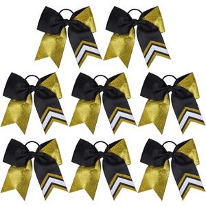 DEEKA 8PCS 8" Two Toned Large Glitter Cheer Bows Shiny Cheer Hair Bows Ponytail Holder Handmade for Cheerleader Girls Softball Sports -g Gold/Black (1 Count (Pack of 8))