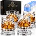 Spinning Whiskey Glasses Set of 4 with Gift Box | 360 Degree Rotating Old Fashioned Glass with Ice Ball Molds,For Bourbon, Scotch, Cocktails For Whiskey Lovers, Dad, Husband