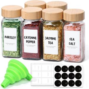 ComSaf 4oz, 6Pcs Glass Spice Jars with Label, Empty Spice Containers with Bamboo Lids, Square Seasoning Containers Trial and Supplement Set, Small Seasoning Bottles for Salt, Herbs, Sugar, Pepper