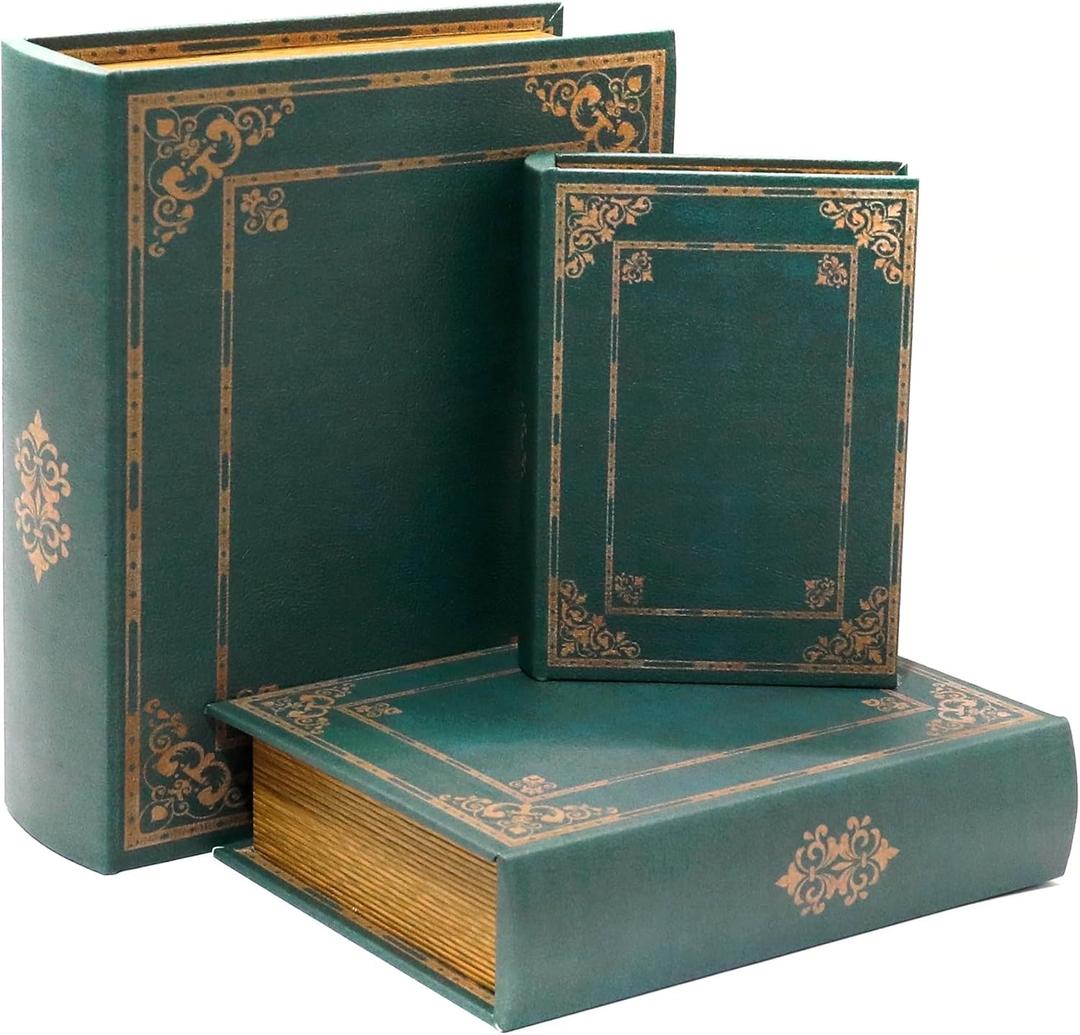 Jolitac Wooden Decorative Book Boxes 3-Pack - Vintage Style Secret Storage Boxes Handcrafted Wooden Storage Containers with Rustic Magnetic Closure for Jewelry & Keepsakes (Vintage Green)
