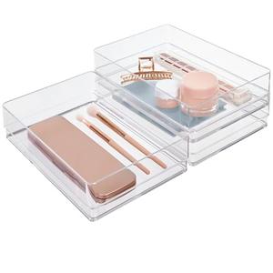 STORi SimpleSort 3-Piece Stackable Clear Drawer Organizer Set | 9" x 6" x 2" Rectangle Trays | Wide Makeup Vanity Storage Bins and Office Desk Drawer Dividers | Made in USA