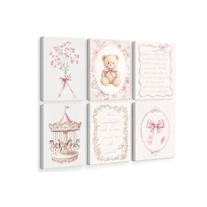 6pcs Pink Vintage Baby Girl Nursery Wall Art Prints Cute Carousel Teddy Bear Canvas Wall Decor Paintings Pink Bows Floral Posters Pictures for Little Girl Bedroom Kids Room Decor 8x10inch Unframed