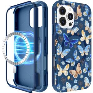 for iPhone 16 Pro Max Case - [Compatible with MagSafe] Women Girls Cute Magnetic Protective Phone Cover Butterfly Girly Blue Heavy Duty Shockproof Funda for Apple 16 Pro Max Cases (Yellow Butterflies)