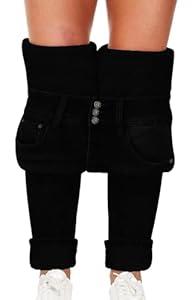Skirt BL Fleece Lined Jeans Women Thermal Flannel Lined Jeans 3 Buttons Winter Warm Skinny Stretch Denim Pants (Black, US 12)