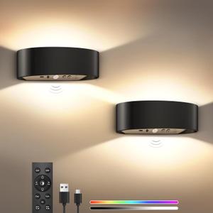 Motion Sensor Wall Sconces Set of 2, Rechargeable 5000mAh Battery Operated Wall Light with Remote Control, 15 RGB and 3 Colors Dimmable, Up and Down Wireless Wall Mount Light for Hallway Stair